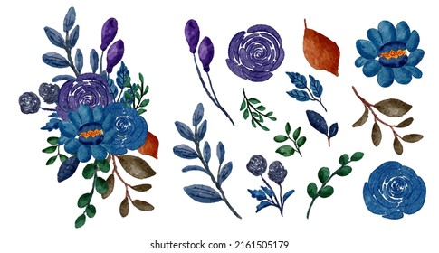 Large Botanical set of wild flowers. Set of Separate parts and bring together to beautiful bouquet of flowers in water colors style on white background, flat vector illustration
