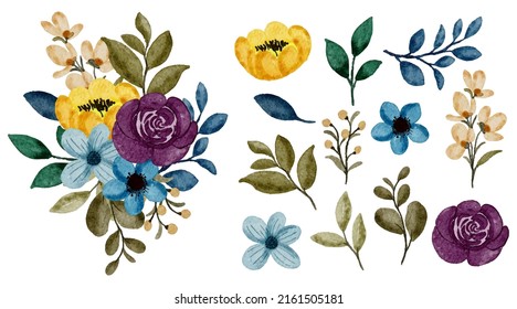Large Botanical set of wild flowers. Set of Separate parts and bring together to beautiful bouquet of flowers in water colors style on white background, flat vector illustration