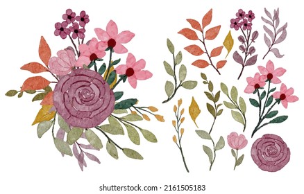 Large Botanical set of wild flowers. Set of Separate parts and bring together to beautiful bouquet of flowers in water colors style on white background, flat vector illustration
