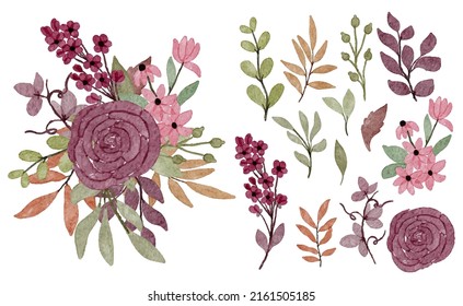 Large Botanical set of wild flowers. Set of Separate parts and bring together to beautiful bouquet of flowers in water colors style on white background, flat vector illustration