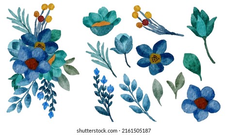 Large Botanical set of wild flowers. Set of Separate parts and bring together to beautiful bouquet of flowers in water colors style on white background, flat vector illustration