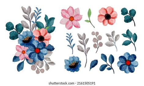 Large Botanical set of wild flowers. Set of Separate parts and bring together to beautiful bouquet of flowers in water colors style on white background, flat vector illustration