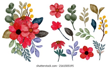 Large Botanical set of wild flowers. Set of Separate parts and bring together to beautiful bouquet of flowers in water colors style on white background, flat vector illustration