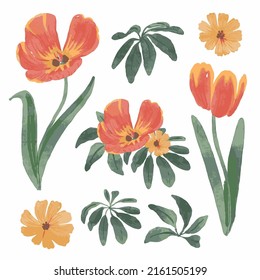 Gran conjunto botánico de flores silvestres. Conjunto de partes separadas y juntar a un hermoso ramo de flores en color agua estilo sobre fondo blanco, ilustración vectorial plana