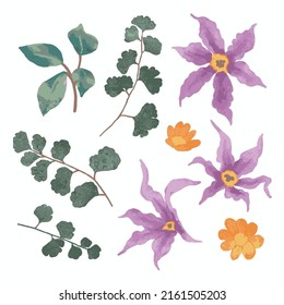 Large Botanical set of wild flowers. Set of Separate parts and bring together to beautiful bouquet of flowers in water colors style on white background, flat vector illustration