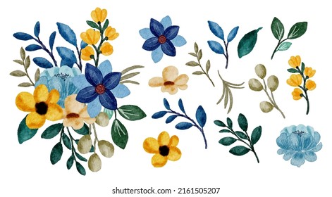 Large Botanical set of wild flowers. Set of Separate parts and bring together to beautiful bouquet of flowers in water colors style on white background, flat vector illustration