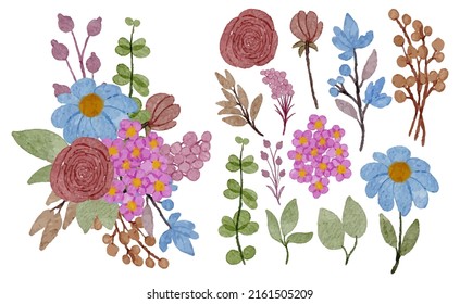 Gran conjunto botánico de flores silvestres. Conjunto de partes separadas y juntar a un hermoso ramo de flores en color agua estilo sobre fondo blanco, ilustración vectorial plana