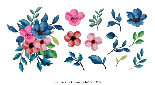 Large Botanical set of wild flowers. Set of Separate parts and bring together to beautiful bouquet of flowers in water colors style on white background, flat vector illustration