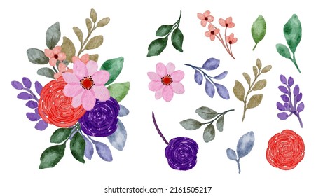 Gran conjunto botánico de flores silvestres. Conjunto de partes separadas y juntar a un hermoso ramo de flores en color agua estilo sobre fondo blanco, ilustración vectorial plana