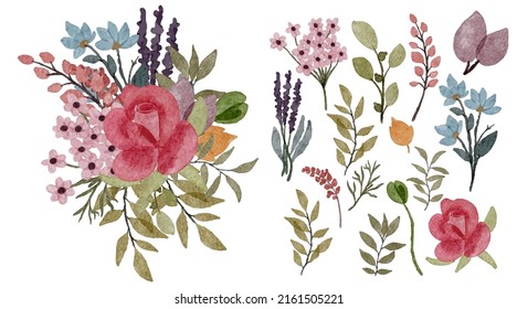 Gran conjunto botánico de flores silvestres. Conjunto de partes separadas y juntar a un hermoso ramo de flores en color agua estilo sobre fondo blanco, ilustración vectorial plana