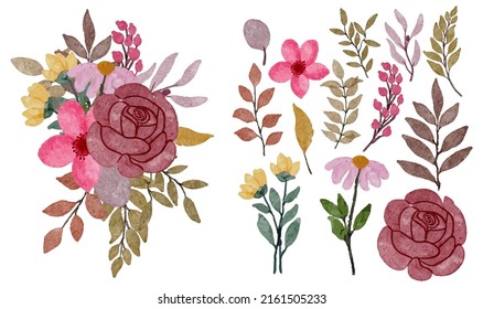 Large Botanical set of wild flowers. Set of Separate parts and bring together to beautiful bouquet of flowers in water colors style on white background, flat vector illustration