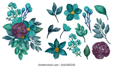 Large Botanical set of wild flowers. Set of Separate parts and bring together to beautiful bouquet of flowers in water colors style on white background, flat vector illustration