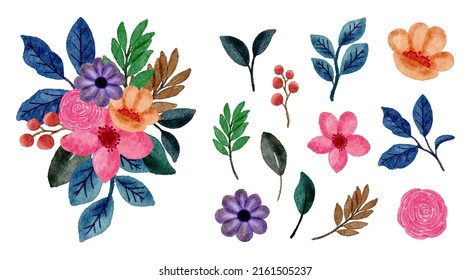 Large Botanical set of wild flowers. Set of Separate parts and bring together to beautiful bouquet of flowers in water colors style on white background, flat vector illustration