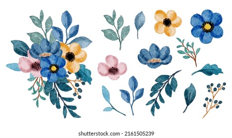 Large Botanical set of wild flowers. Set of Separate parts and bring together to beautiful bouquet of flowers in water colors style on white background, flat vector illustration