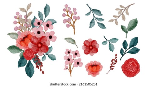 Large Botanical set of wild flowers. Set of Separate parts and bring together to beautiful bouquet of flowers in water colors style on white background, flat vector illustration