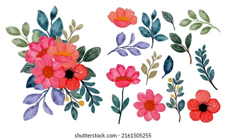 Large Botanical set of wild flowers. Set of Separate parts and bring together to beautiful bouquet of flowers in water colors style on white background, flat vector illustration