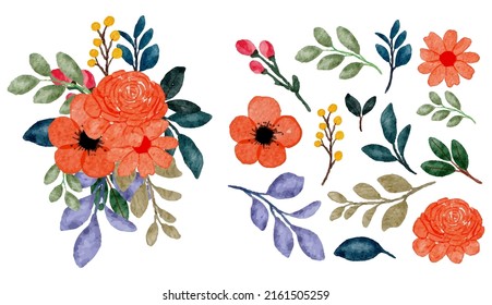 Large Botanical set of wild flowers. Set of Separate parts and bring together to beautiful bouquet of flowers in water colors style on white background, flat vector illustration