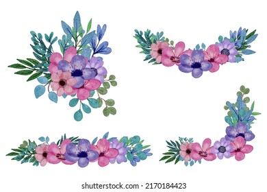 Gran conjunto botánico de flores silvestres. Conjunto de partes separadas y juntar a un hermoso ramo de flores en color agua estilo sobre fondo blanco, ilustración vectorial plana