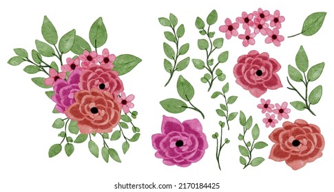 Large Botanical set of wild flowers. Set of Separate parts and bring together to beautiful bouquet of flowers in water colors style on white background, flat vector illustration