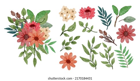 Large Botanical set of wild flowers. Set of Separate parts and bring together to beautiful bouquet of flowers in water colors style on white background, flat vector illustration