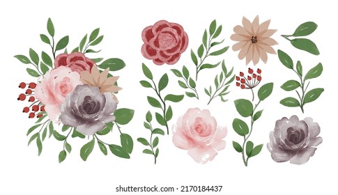 Gran conjunto botánico de flores silvestres. Conjunto de partes separadas y juntar a un hermoso ramo de flores en color agua estilo sobre fondo blanco, ilustración vectorial plana