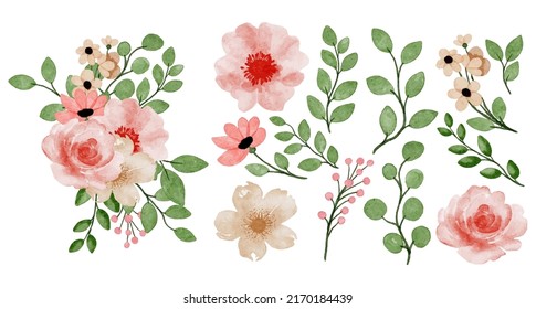 Gran conjunto botánico de flores silvestres. Conjunto de partes separadas y juntar a un hermoso ramo de flores en color agua estilo sobre fondo blanco, ilustración vectorial plana