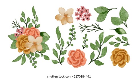 Large Botanical set of wild flowers. Set of Separate parts and bring together to beautiful bouquet of flowers in water colors style on white background, flat vector illustration