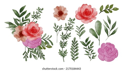 Large Botanical set of wild flowers. Set of Separate parts and bring together to beautiful bouquet of flowers in water colors style on white background, flat vector illustration