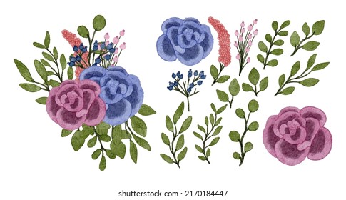 Large Botanical set of wild flowers. Set of Separate parts and bring together to beautiful bouquet of flowers in water colors style on white background, flat vector illustration