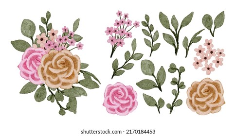 Large Botanical set of wild flowers. Set of Separate parts and bring together to beautiful bouquet of flowers in water colors style on white background, flat vector illustration