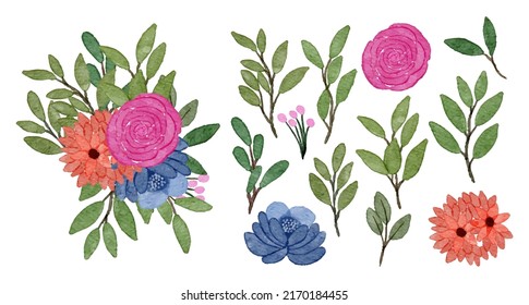 Large Botanical set of wild flowers. Set of Separate parts and bring together to beautiful bouquet of flowers in water colors style on white background, flat vector illustration