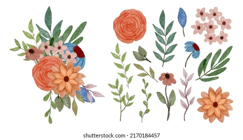 Large Botanical set of wild flowers. Set of Separate parts and bring together to beautiful bouquet of flowers in water colors style on white background, flat vector illustration
