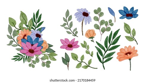 Large Botanical set of wild flowers. Set of Separate parts and bring together to beautiful bouquet of flowers in water colors style on white background, flat vector illustration