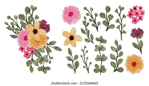 Large Botanical set of wild flowers. Set of Separate parts and bring together to beautiful bouquet of flowers in water colors style on white background, flat vector illustration