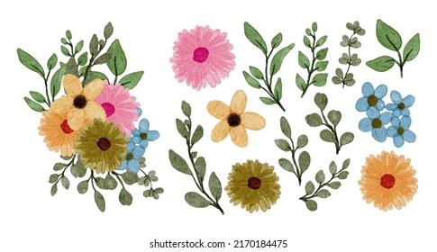 Large Botanical set of wild flowers. Set of Separate parts and bring together to beautiful bouquet of flowers in water colors style on white background, flat vector illustration