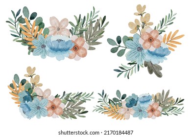 Large Botanical set of wild flowers. Set of Separate parts and bring together to beautiful bouquet of flowers in water colors style on white background, flat vector illustration