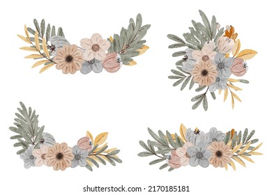 Large Botanical set of wild flowers. Set of Separate parts and bring together to beautiful bouquet of flowers in water colors style on white background, flat vector illustration