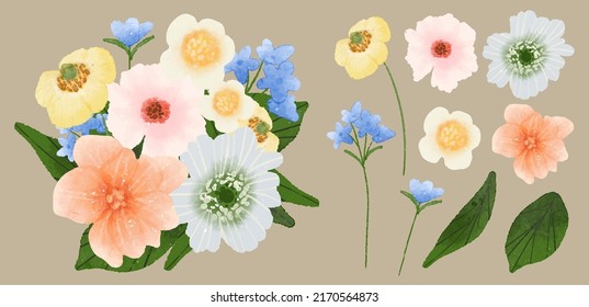 Gran conjunto botánico de flores silvestres. Conjunto de partes separadas y juntar a un hermoso ramo de flores en el estilo de los colores del agua sobre el fondo, ilustración vectorial floral de la naturaleza
