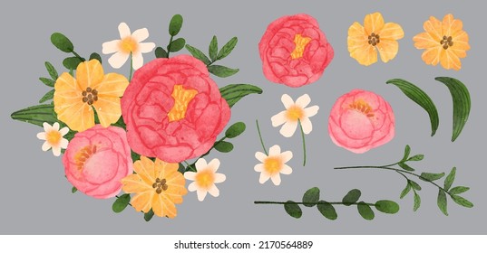 Large Botanical set of wild flowers. Set of Separate parts and bring together to beautiful bouquet of flowers in water colors style on background, Nature floral vector illustration