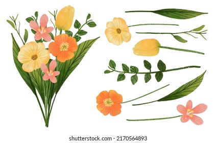 Large Botanical set of wild flowers. Set of Separate parts and bring together to beautiful bouquet of flowers in water colors style on background, Nature floral vector illustration