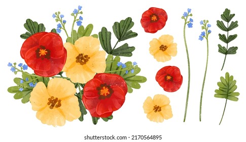 Grosser botanischer Blumenbestand. Set von getrennten Teilen und bringen Sie zusammen zu einem schönen Blumenstrauß in Aquarellfarben auf dem Hintergrund, Naturblume Vektorgrafik