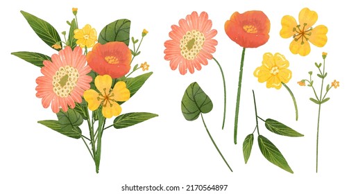 Grosser botanischer Blumenbestand. Set von getrennten Teilen und bringen Sie zusammen zu einem schönen Blumenstrauß in Aquarellfarben auf dem Hintergrund, Naturblume Vektorgrafik