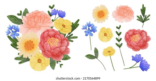 Large Botanical set of wild flowers. Set of Separate parts and bring together to beautiful bouquet of flowers in water colors style on background, Nature floral vector illustration