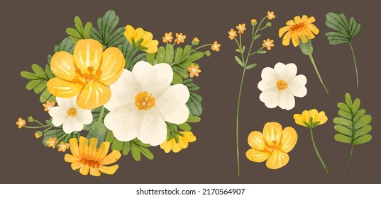 Large Botanical set of wild flowers. Set of Separate parts and bring together to beautiful bouquet of flowers in water colors style on background, Nature floral vector illustration