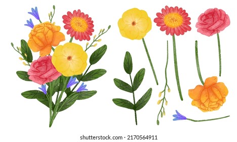 Grosser botanischer Blumenbestand. Set von getrennten Teilen und bringen Sie zusammen zu einem schönen Blumenstrauß in Aquarellfarben auf dem Hintergrund, Naturblume Vektorgrafik