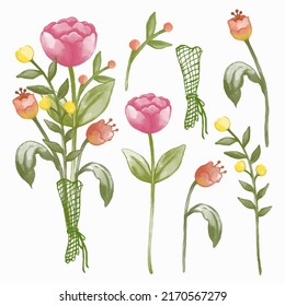 Large Botanical set of wild flowers. Set of Separate parts and bring together to beautiful bouquet of flowers in water colors style on background, Nature floral vector illustration