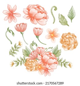 Large Botanical set of wild flowers. Set of Separate parts and bring together to beautiful bouquet of flowers in water colors style on background, Nature floral vector illustration