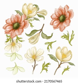 Large Botanical set of wild flowers. Set of Separate parts and bring together to beautiful bouquet of flowers in water colors style on background, Nature floral vector illustration