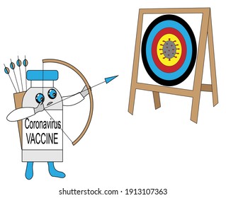 Large bottle of coronavirus vaccine with bow and arrows is shooting target with COVID-19 image.
