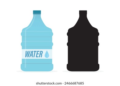 Large bottle of drinking water. Reusable clean water tank with black silhouette, plastic liquid container. Design elements isolated on white background. Flat vector illustration.